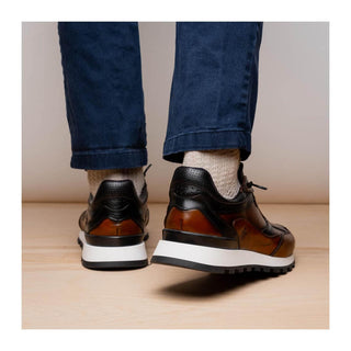 Zelli Italia Bravo Men's Shoes Cognac & Black Burnished Calf-Skin Leather Sneaker (ZEL1063)