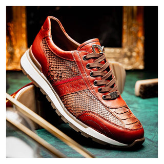 Marco Di Milano Brescia Men's Shoes Cognac Genuine Snake Skin / Calf-Skin Leather Sneakers (MDM1124)