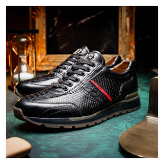 Marco Di Milano Brescia Men's Shoes Black Genuine Snake Skin / Calf-Skin Leather Sneakers (MDM1124)
