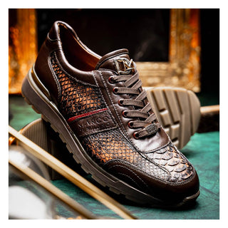 Marco Di Milano Brescia Men's Shoes Washed Cognac Genuine Snake Skin / Calf-Skin Leather Sneakers (MDM1124)