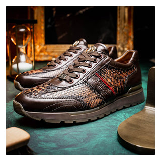 Marco Di Milano Brescia Men's Shoes Washed Cognac Genuine Snake Skin / Calf-Skin Leather Sneakers (MDM1124)