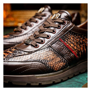 Marco Di Milano Brescia Men's Shoes Washed Cognac Genuine Snake Skin / Calf-Skin Leather Sneakers (MDM1124)