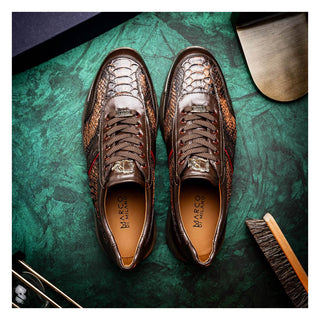 Marco Di Milano Brescia Men's Shoes Washed Cognac Genuine Snake Skin / Calf-Skin Leather Sneakers (MDM1124)