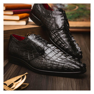 Marco Di Milano Cancun Men's Shoes Black Exotic Hornback Crocodile Skin Derby (MDM1003)