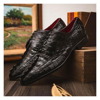 Marco Di Milano Cancun Men's Shoes Black Exotic Hornback Crocodile Skin Derby (MDM1003)