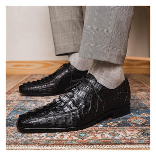 Marco Di Milano Cancun Men's Shoes Black Exotic Hornback Crocodile Skin Derby (MDM1003)
