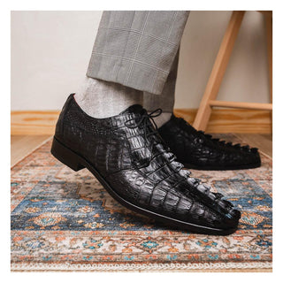 Marco Di Milano Cancun Men's Shoes Black Exotic Hornback Crocodile Skin Derby (MDM1003)