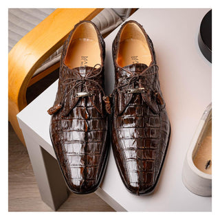 Marco Di Milano Cancun Men's Shoes Brown Exotic Hornback Crocodile Skin Derby (MDM1003)
