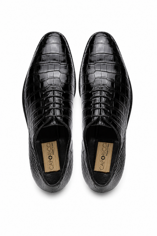 Caporicci Gregory 2542 Alligator Wholecut Oxford Black, top pair and Caporicci insole view