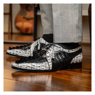 Marco Di Milano Caribe Men's Shoes Black & Newspaper Genuine Hornback Caiman Crocodile Derby (MDM1118)