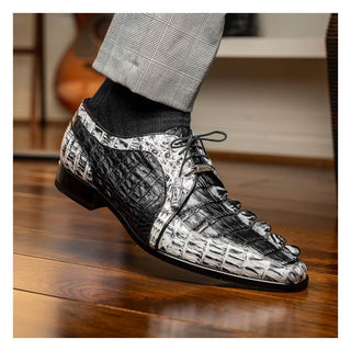 Marco Di Milano Caribe Men's Shoes Black & Newspaper Genuine Hornback Caiman Crocodile Derby (MDM1118)