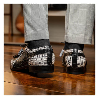 Marco Di Milano Caribe Men's Shoes Black & Newspaper Genuine Hornback Caiman Crocodile Derby (MDM1118)