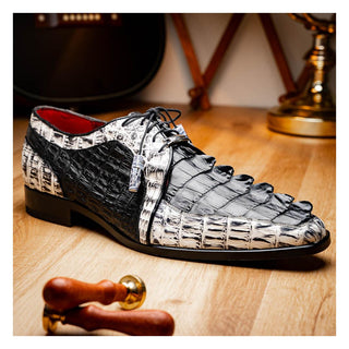 Marco Di Milano Caribe Men's Shoes Black & Newspaper Genuine Hornback Caiman Crocodile Derby (MDM1118)