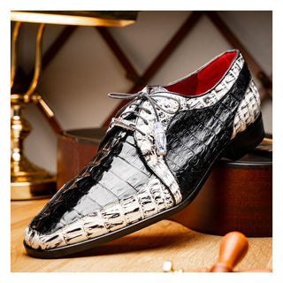 Marco Di Milano Caribe Men's Shoes Black & Newspaper Genuine Hornback Caiman Crocodile Derby (MDM1118)