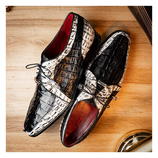 Marco Di Milano Caribe Men's Shoes Black & Newspaper Genuine Hornback Caiman Crocodile Derby (MDM1118)