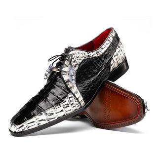 Marco Di Milano Caribe Men's Shoes Black & Newspaper Genuine Hornback Caiman Crocodile Derby (MDM1118)