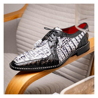 Marco Di Milano Caribe Men's Shoes Newspaper & Black Genuine Hornback Caiman Crocodile Derby (MDM1118)