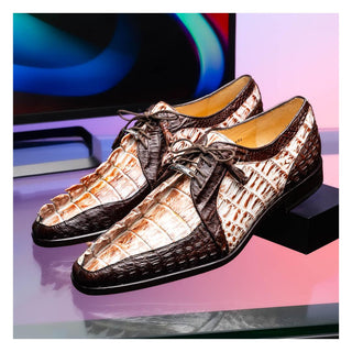 Marco Di Milano Caribe Men's Shoes White & Brown Genuine Hornback Caiman Crocodile Derby (MDM1118)
