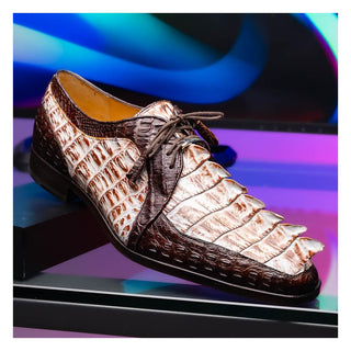 Marco Di Milano Caribe Men's Shoes White & Brown Genuine Hornback Caiman Crocodile Derby (MDM1118)