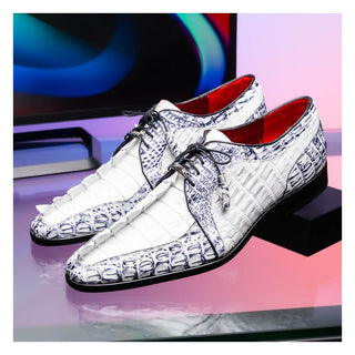Marco Di Milano Caribe Men's Shoes White & Newspaper Genuine Hornback Caiman Crocodile Derby (MDM1118)