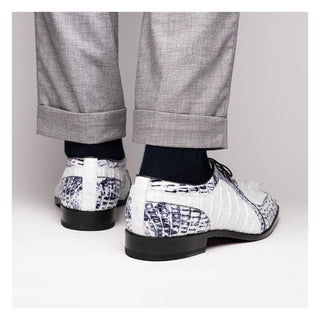 Marco Di Milano Caribe Men's Shoes White & Newspaper Genuine Hornback Caiman Crocodile Derby (MDM1118)