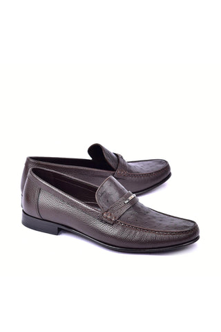 Corrente 3898Ost Leather & Ostrich Horse-Bit Loafer - Dark Brown