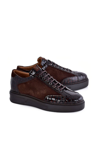Corrente 8492 Suede & Embossed Leather Sneaker - Brown