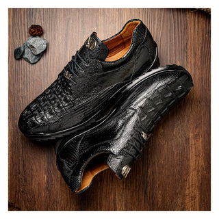 Marco Di Milano Crater Men's Shoes Black Exotic Crocodile / Lizard Derby Sneakers (MDM1190)