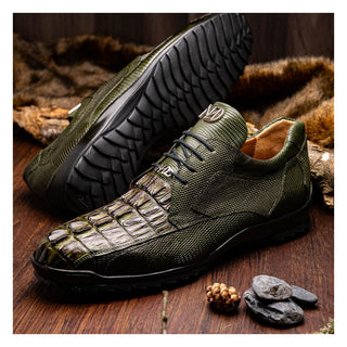 Marco Di Milano Crater Men's Shoes Olive Exotic Crocodile / Lizard Derby Sneakers (MDM1190)