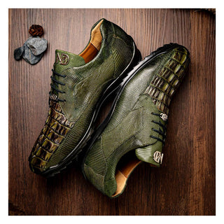 Marco Di Milano Crater Men's Shoes Olive Exotic Crocodile / Lizard Derby Sneakers (MDM1190)