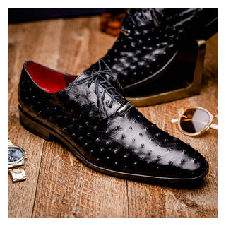 Marco Di Milano Criss Men's Shoes Black Exotic Ostrich Quill Oxfords (MDM1073)
