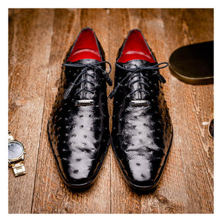 Marco Di Milano Criss Men's Shoes Black Exotic Ostrich Quill Oxfords (MDM1073)