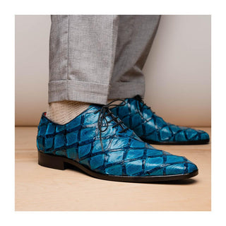 Marco Di Milano Olivieri Men's Shoes Blue Exotic Pirarucu Leather Whole cut Oxfords (MDM1028)