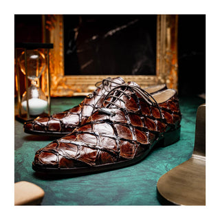 Marco Di Milano Olivieri Men's Shoes Brown Exotic Pirarucu Leather Whole cut Oxfords (MDM1028)