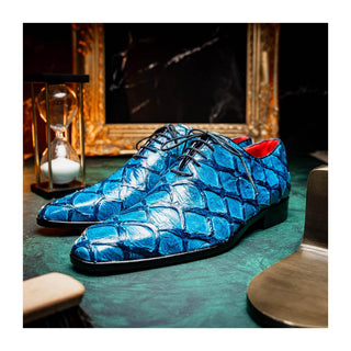 Marco Di Milano Olivieri Men's Shoes Blue Exotic Pirarucu Leather Whole cut Oxfords (MDM1028)