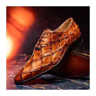 Marco Di Milano Olivieri Men's Shoes Cognac Exotic Pirarucu Leather Whole cut Oxfords (MDM1028)