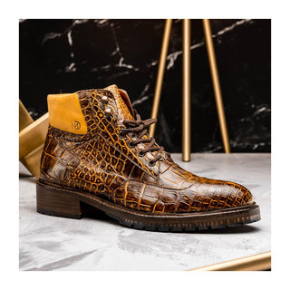 Marco Di Milano Potenza Men's Shoes Mustard & Brown Exotic Crocodile / Leather Lace Up Boots (MDM1202)