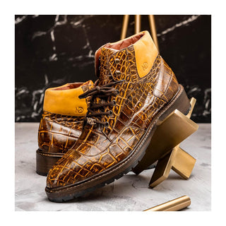 Marco Di Milano Potenza Men's Shoes Mustard & Brown Exotic Crocodile / Leather Lace Up Boots (MDM1202)