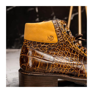 Marco Di Milano Potenza Men's Shoes Mustard & Brown Exotic Crocodile / Leather Lace Up Boots (MDM1202)