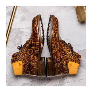 Marco Di Milano Potenza Men's Shoes Mustard & Brown Exotic Crocodile / Leather Lace Up Boots (MDM1202)