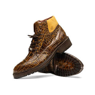 Marco Di Milano Potenza Men's Shoes Mustard & Brown Exotic Crocodile / Leather Lace Up Boots (MDM1202)