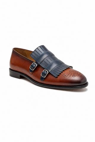Corrente 5211 Leather Kiltie Double Monk Strap - Navy & Brown-Dellamoda
