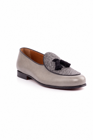 Dellamoda luxury image 02 · Ambrogio Bespoke Black & Gray Fabric / Suede / Leather Belgian Loafers (AMB2564)
