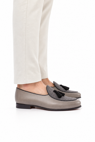 Dellamoda luxury image 06 · Ambrogio Bespoke Black & Gray Fabric / Suede / Leather Belgian Loafers (AMB2564)