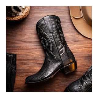 Marco Di Milano Denver Men's Shoes Black Exotic Ostrich Skin Cowboy Boot (MDM1215)