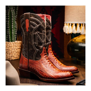Marco Di Milano Denver Men's Shoes Rustic Cognac Exotic Ostrich Skin Cowboy Boot (MDM1219)