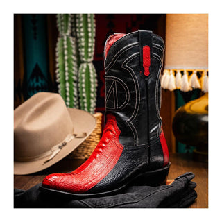 Marco Di Milano Denver Men's Shoes Red & Black Exotic Ostrich Skin Cowboy Boot (MDM1220)