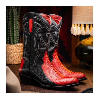 Marco Di Milano Denver Men's Shoes Red & Black Exotic Ostrich Skin Cowboy Boot (MDM1220)