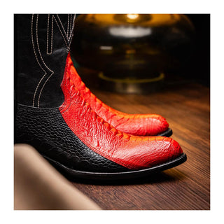 Marco Di Milano Denver Men's Shoes Red & Black Exotic Ostrich Skin Cowboy Boot (MDM1220)