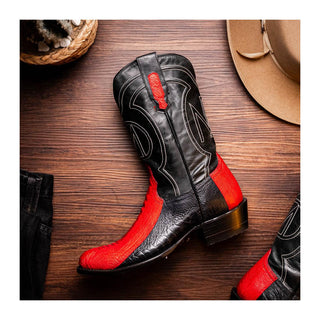 Marco Di Milano Denver Men's Shoes Red & Black Exotic Ostrich Skin Cowboy Boot (MDM1220)